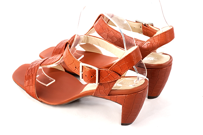 Terracotta orange women's fully open sandals, with an instep strap. Square toe. Medium comma heels. Rear view - Florence KOOIJMAN